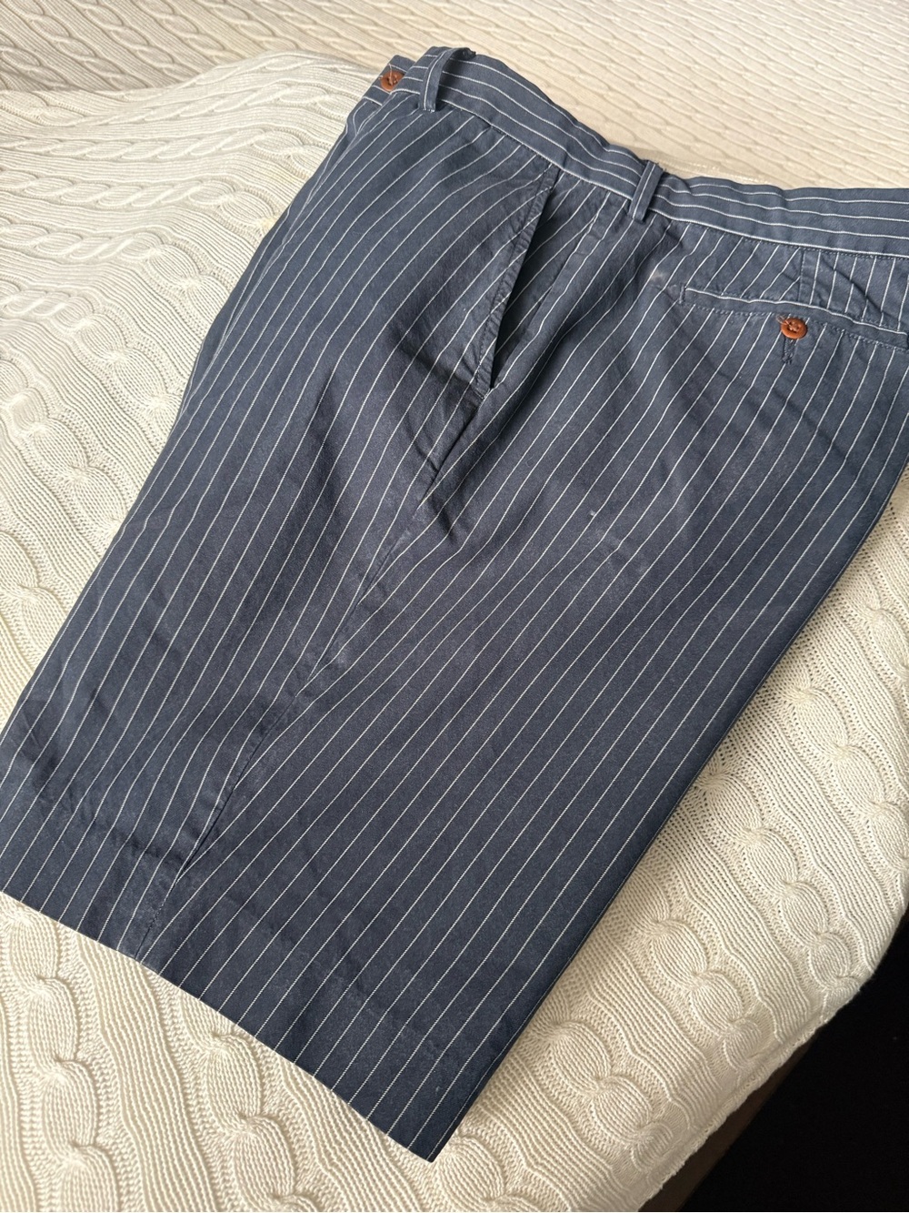 Vintage Polo by Ralph Lauren Navy Pinstripe Flat-Front Shorts with White Stripes